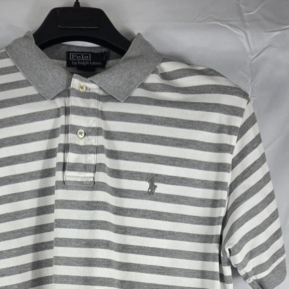 Polo Ralph Lauren Mens Large Grey White Striped Short Sleeve Pique Polo Shirt